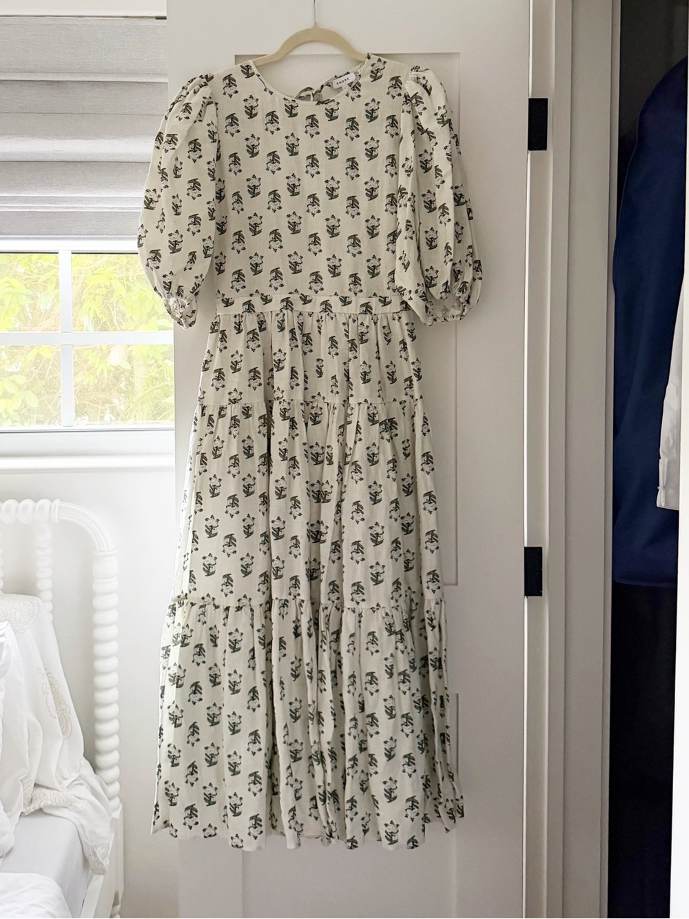 RHODE Cream Midi Dress with Green Floral Print
